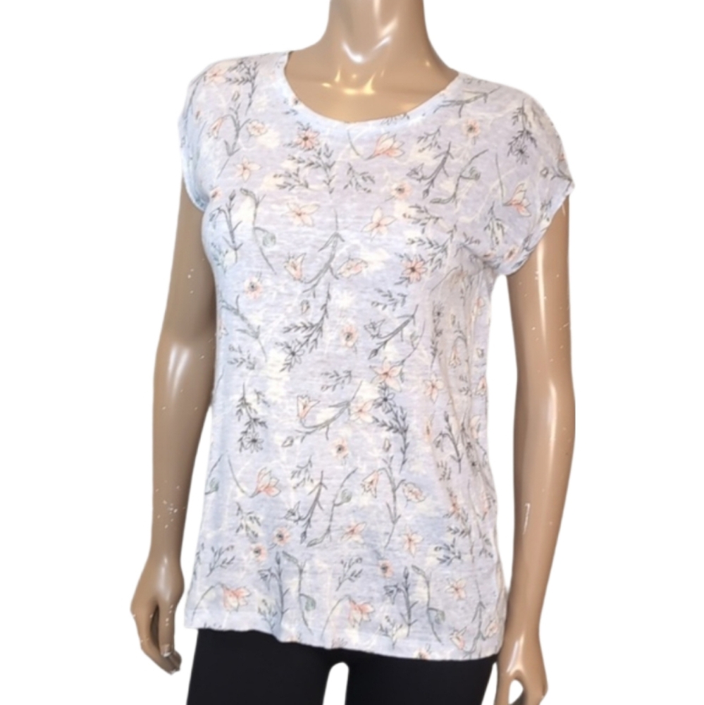 3/$20 Rachel Ashwell Linen Floral Top Womens Medium Blue Short Sleeve Buttoned